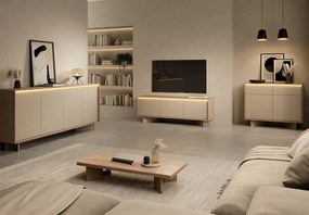 Komoda Parsja 4D 200 cm LED – duża komoda do salonu, ryflowane fronty, bolivar naturalny / cappuccino, push-to-open