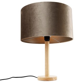 Lampa stołowa drewniana z aksamitnym abażurem taupe 35 cm - Mels Rustykalny / Vintage Oswietlenie wewnetrzne