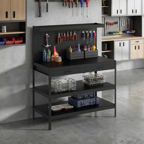 HOMCOM Stacja robocza z regulowanymi półkami, solidna stacja robocza z perforowaną płytą i 2 szufladami, 122 x 61 x 156 cm, Czarna | Aosom PL