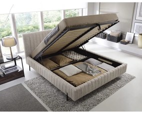 Beżowe tapicerowane łóżko dwuosobowe ze schowkiem ze stelażem 140x200 cm Plissa – ELTAP