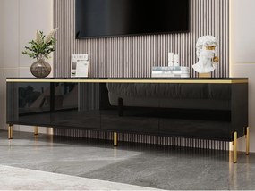 Nowoczesny lakierowany błyszczący mebel TV - 170x38x50 cm - 4 drzwi - Złocone wykończenia - Nogi metalowe - Czarny