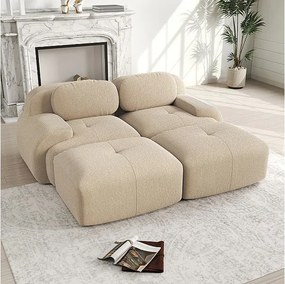 Modułowa sofa welur prążkowany - 2-osobowa - z 2 poduszkami i 2 pufami - spód antypoślizgowy - 208x178x70cm - Beżowy