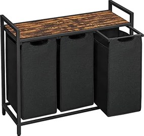 Kosz na bieliznę z półką BERGEN, 3x38l, czarny/brązowy SongmicsHome