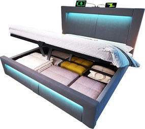 Łóżko tapicerowane ze schowkiem 180x200cm - z oświetleniem LED - z portami USB i Type-C - welur - Szary​ (bez materaca)