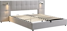 Łóżko z pojemnikiem 180 x 200 cm - z zagłówkiem, USB, stelażem - lniane - szare - bez materaca