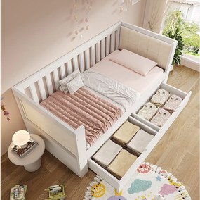 Drewniana sofa rozkładana - 90 x 200 cm - z 2 szufladami + podłokietnikami i oparciem - biała