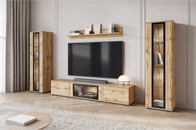 Nowoczesna meblościanka do salonu – mat, 2 witryny i szafka RTV 180 Dąb Wotan