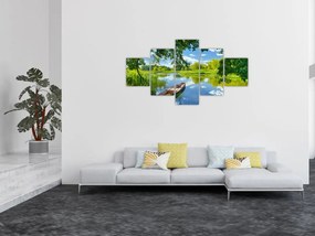 Obraz letniej rzeki z łodzią (125x70 cm)