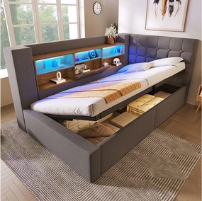 Sofa tapicerowana z funkcją spania - 90 x 200 cm - z oświetleniem LED + schowek hydrauliczny + zagłówek w kształcie litery L ze schowkiem - len - szary
