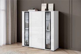 Nowoczesny highboard 120 cm – wysoka witryna do salonu z przeszkleniami, korpus biały mat, fronty białe połysk