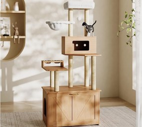 Drzewko dla kota 80x50x173 cm - z drapakiem i domkiem dla kota - z 2 miskami - kuweta - 1 hamak - naturalny