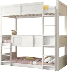 Łóżko piętrowe 3x90x200 cm z litego drewna - z 2 stelażami na listwy - Białe