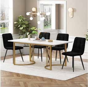 Zestaw do jadalni, stół-140×80×75cm z 4 krzesłami, MDF+metal+aksamit, złoto+biały+czarny