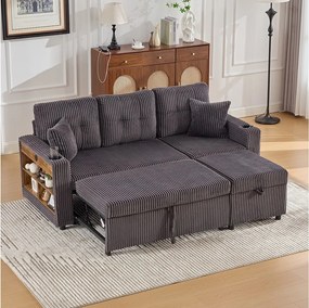 Sofa 3-osobowa rozkładana - z miejscem do przechowywania i wysuwanym łóżkiem + USB + diody LED + uchwyty na kubki - aksamit - ciemnoszary