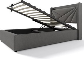 Łóżko ze schowkiem 90 x 200 cm z zagłówkiem - USB + typ C - tkanina lniana - szare