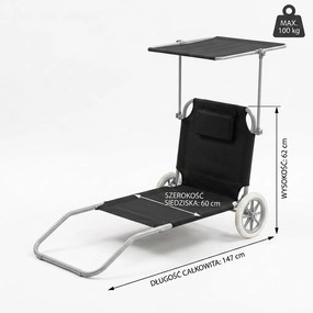 Leżak plażowy Solmare z daszkiem i kołami - składany leżak ogrodowy, czarny