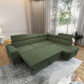 Masseno Narożnik ALVORO z funkcją spania i pojemnikiem na pościel Narozniki L, Rozkładana sofa - Zielony, MATT VELVET 38