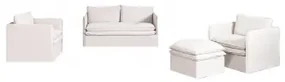 Zestaw Do Salonu Grace Z Lnu I Bawełny, Składający Się Z 2-osobowej Sofy, 2 Foteli I Pufy Tkaniny Distressed White - Sklum