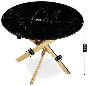 Stół Okrągły Szklany BALI 100 cm Czarny Marmur/Złoty Glamour