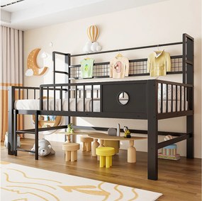 Łóżko dziecięce niskie piętrowe - 90 x 200 cm - z metalową ramą i schowkami - czarne