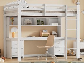 Łóżko mezzanine 90x200cm - z biurkiem i 2 komodami - z litego sosnowego drewna i MDF - Białe