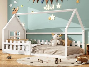 Łóżko kabinowe 90 x 200 cm, łóżko dziecięce z oknem, Drewno sosnowe, Stelaż listwowy, Kolor biały