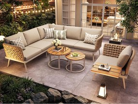 Salon ogrodowy, zestaw mebli z rattanu PE na 6-8 osób - kanapa narożna - z żelaza ocynkowanego - 1 fotel - stolik kawowy w stylu gniazdowym, Beżowy