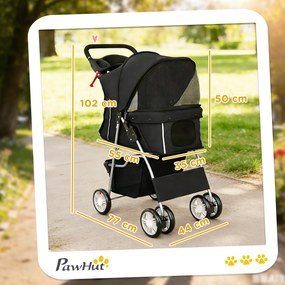 PawHut Wózek dla psa, składany wózek z odblaskami, koszem na zakupy i poduszką dla małych psów do 10 kg, 77x44x102 cm, czarny | Aosom PL