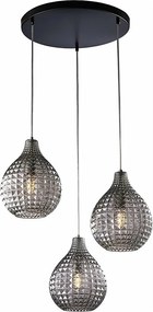 Lampa wisząca Diamante w kolorze czarnym z chromowaną ramą, szare lustrzane szkło z efektem kryształu i 3 światłami, nowoczesny styl