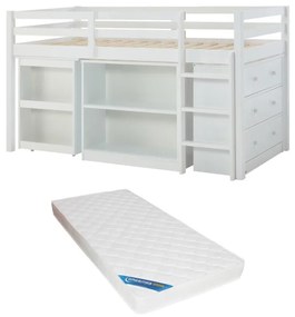 Łóżko piętrowe 90 x 190 cm ze schowkami i rozsuwanym biurkiem - Drewno sosnowe i MDF - Biały + Materac - ABRENO