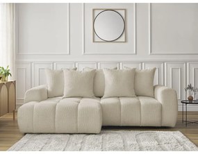 Beżowy rozkładany/ze schowkiem narożnik z materiału bouclé (lewostronny/z szezlongiem) Roxelane – Bobochic Paris