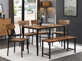 Zestaw stół i 4 krzesła 1 ławka - 6 miejsc - stalowa rama - styl industrialny - brązowy