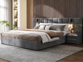 Łóżko z weluru - 180x200cm - z LED i portem do ładowania - Szare (stolik nocny nie wchodzi w skład)