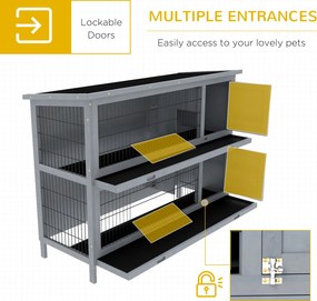 PawHut Klatka dla królików z drewna z 2 poziomami, dach z papy, tacki na dno, drzwi dla małych zwierząt, 136,4 x 50 x 93 cm, szara | Aosom PL
