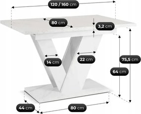 Stół Prostokątny Rozkładany CLARK 120-160 cm Biały Marmur Nowoczesny