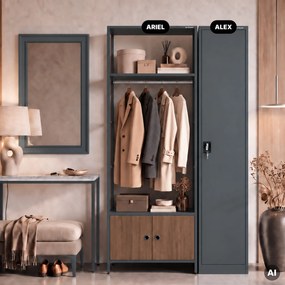Regał biurowy otwarty z drążkiem na ubrania, do recepcji i poczekalni, metalowy, antracytowy/orzech, 800x2200x400 mm: ARIEL Eco Design