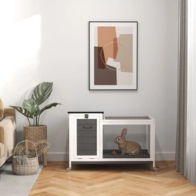 Drewniana klatka dla królików PawHut z wybiegiem i kółkami, otwieranym dachem, dla użytku zewnętrznego i wewnętrznego 92 x 52 x 67 cm, Ciemnoszara