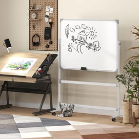 HOMCOM Tablica Magnetyczna, 120 x 90 cm, Obrotowa, Mobilna, z Markerami &amp; Gąbką, Stalowa Konstrukcja, Biała