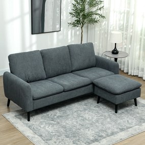 HOMCOM Sofa narożna, 3-osobowa sofa z pufą, Obicie z tkaniny, Zestaw sof L-kształt, Ciemnoszary
