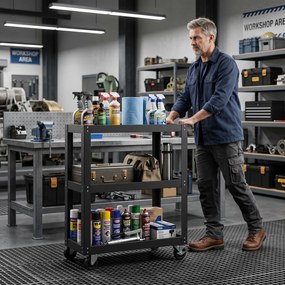 HOMCOM Wózek warsztatowy z 3 półkami i bocznym uchwytem, 4 kółka, 70,5 x 35 x 82,5 cm, czarny | Aosom PL