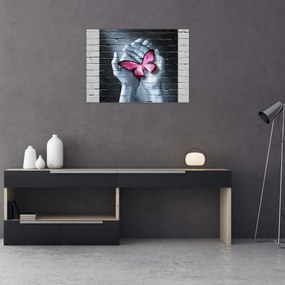 Obraz - Różowy motyl w ścianie (70x50 cm)