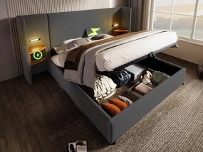 Łóżko 160x200cm z lnu - 2 stoliki nocne z lampką do czytania i funkcją ładowania - z stelażem na listwy - Szary