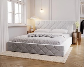 Emporius Solar łóżko tapicerowane 160x200 cm - eleganckie łóżko w stylu glamour - kryształki, pojemnik i stelaż, tkanina aksamitna, jasny szary (Magic Velvet 2218)