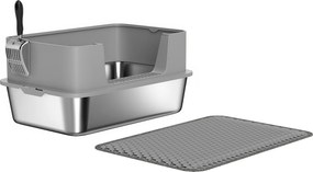 PawHut Kuweta ze stali nierdzewnej – otwarta kuweta z łopatką, wysokim brzegiem i matą dla kotów do 7 kg, 60,2 x 40,2 x 29,5 cm, Szary | Aosom PL