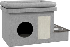 PawHut Domek dla kota, Miejsce na jedzenie z 2 miskami ze stali nierdzewnej, Drapak, miękka poduszka do leżenia, 78 x 48 x 49,5 cm, szary