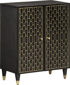 Czarna boczna szafka 60x33x75 cm z litego drewna mango, ręcznie rzeźbiona, styl retro z solidnymi żelaznymi nogami