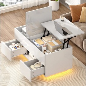 Stolik kawowy z podnoszonym blatem, lakierowany na wysoki połysk, 100 x 45 x 43 cm, z 2 szufladami + diody LED + ukryte schowki, płyta wiórowa, kolor biały