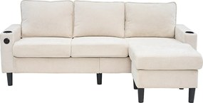 Sofa 3-osobowa, beżowy len, sofa w kształcie litery L z portami USB i Type-C, 2 uchwyty na kubki, do salonu i sypialni