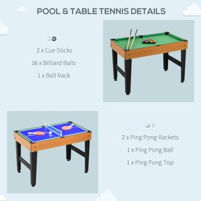 HOMCOM Stół imprezowy 4-w-1 w zestawie z tenisem stołowym, piłkarzykami, bilardem, hokejem stołowym, metal, drewno, naturalny+czarny