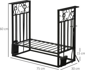 Stojak na drewno kominkowe HOMCOM z akcesoriami, regał na drewno, podstawka na drewno kominkowe, narzędzia kominkowe, Stal Czarny 75 x 30 x 60 cm